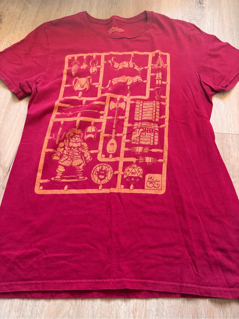 Women's Short Sleeve Graphic Tee in Deep Red with Orange Print